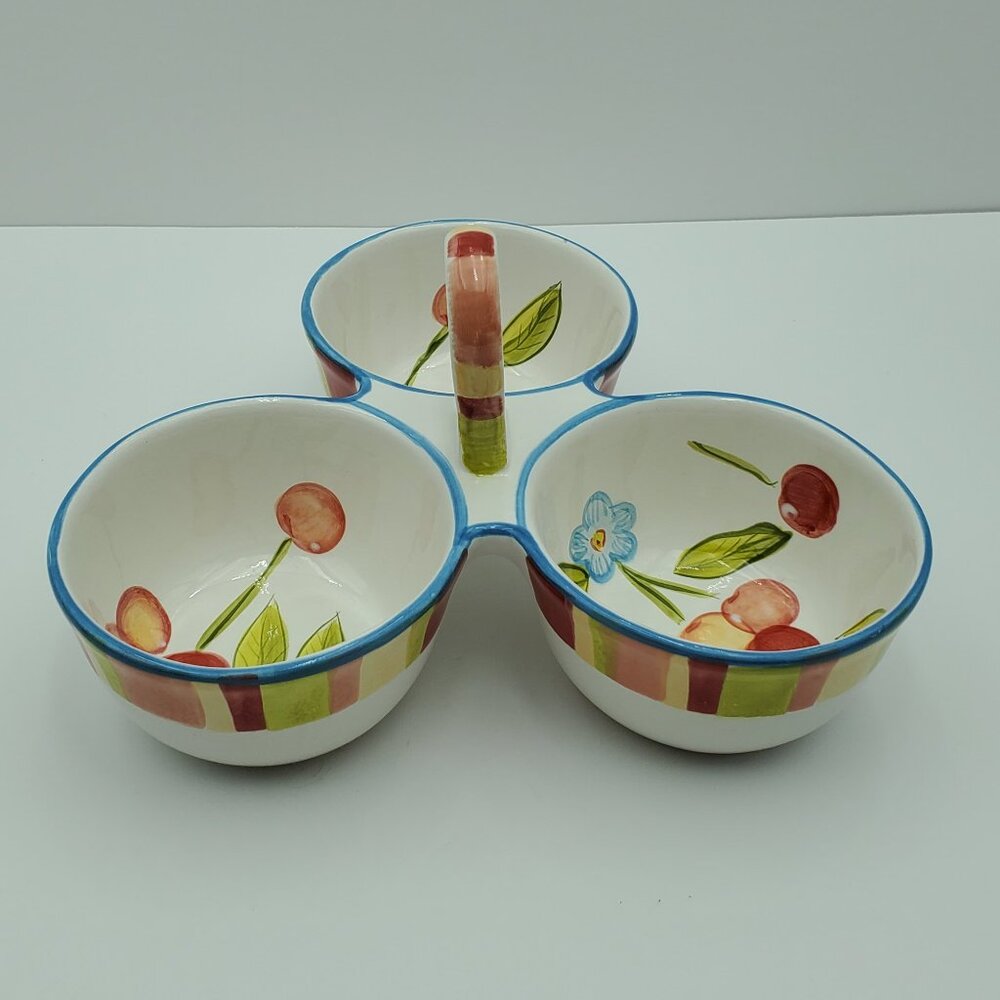 Tabletops Gallery Cherry Blossom 3 Part Relish Dish Handled Dip Condiment Server
